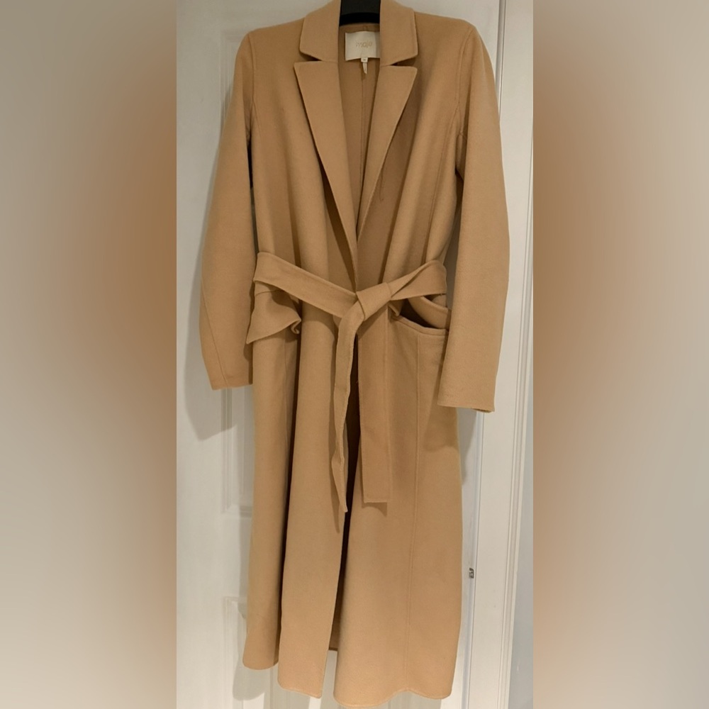 Maje, long coat, beige, pocket, belt, 59%wool, 35%poly, 6%silk, light, size 36